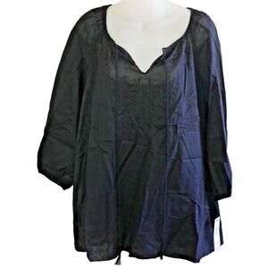 DKNYC Embroidered Cotton Boho Blouse Peasant Tunic Shirt Top Size L ~ Black